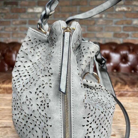 Violet Ray Faux Suede Laser Cut Gray Tote Bag Lined Boho Chic EUC mulberryfoundr - Picture 6 of 16